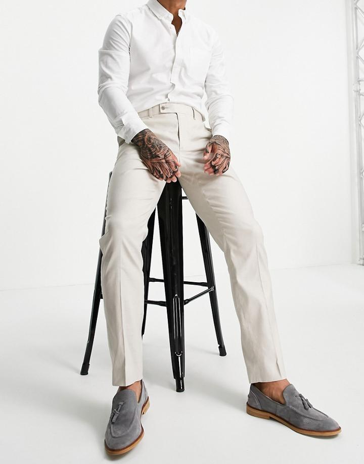 Asos Design Wedding Slim Suit Pants In Stone Cotton Linen-neutral