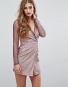 Missguided Sparkle Long Sleeve Wrap Bodycon Dress - Pink