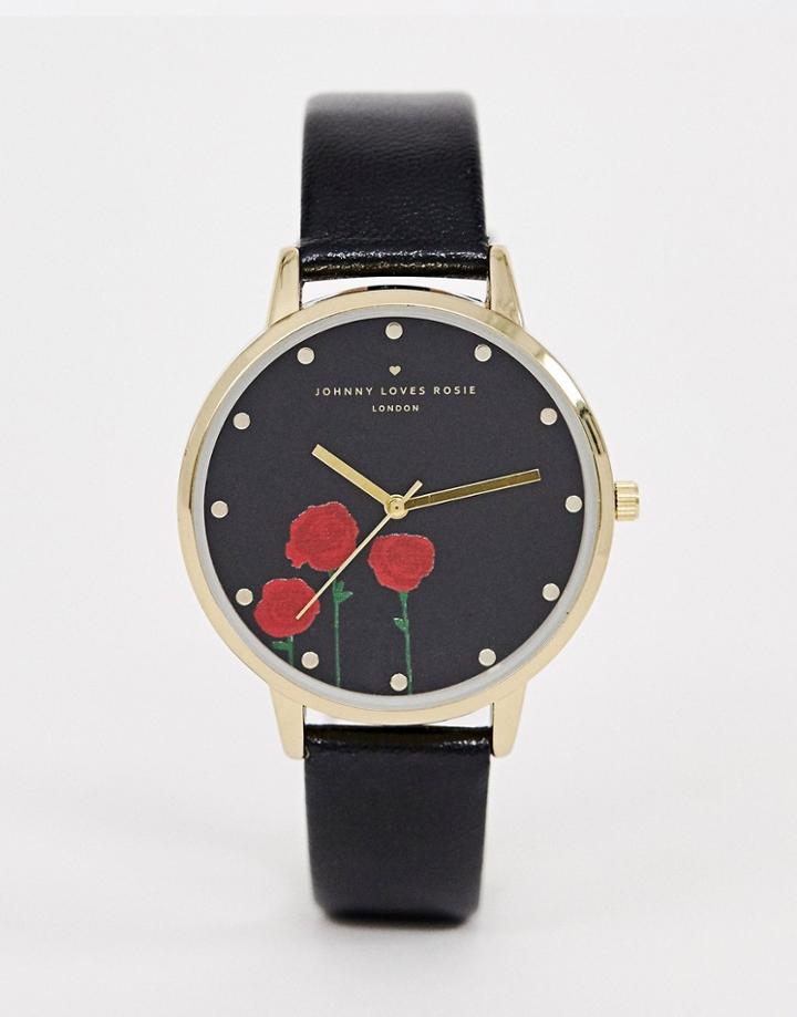 Johnny Loves Rosie Black Rose Print Watch - Black