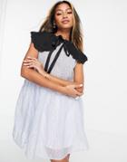 Sister Jane Mini Organza Smock Dress With Black Velvet Collar In Pale Blue-blues