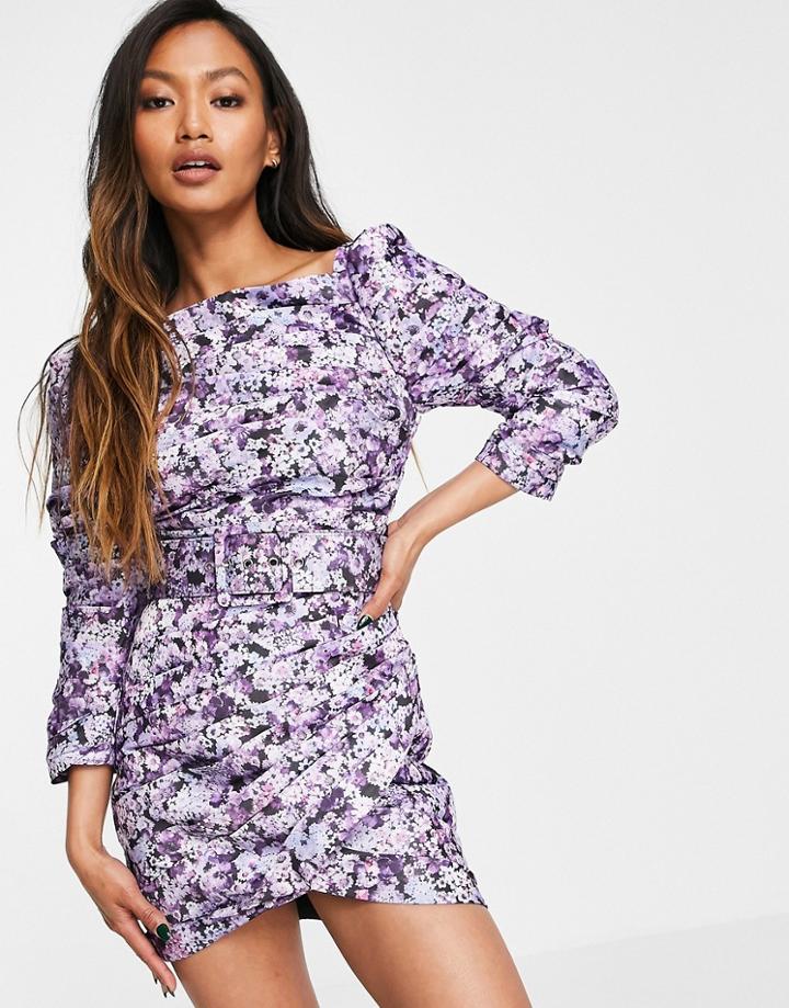 Asos Design Pleated Sqaure Neck Mini Dress In Floral Print With Self Belt-purple