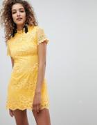 Ax Paris Short Sleeve Lace Dress-yellow