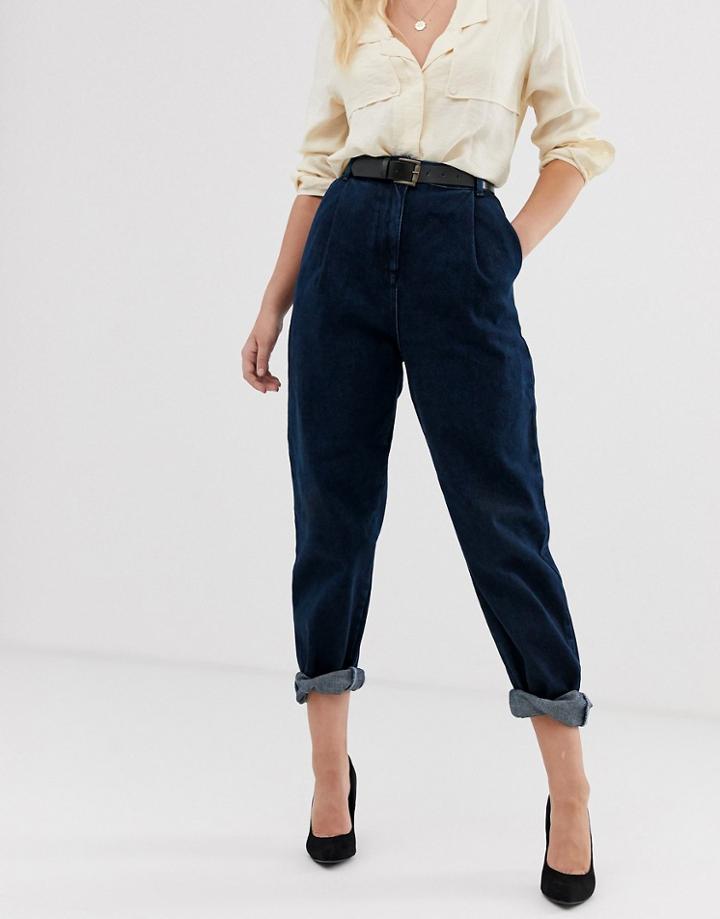 Asos Design Tapered Boyfriend Jeans With Curved Seams And Belt In Indigo Wash-blue