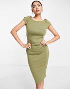 Closet London Puff Shoulder Pencil Dress With Bodice Detail In Olive-green
