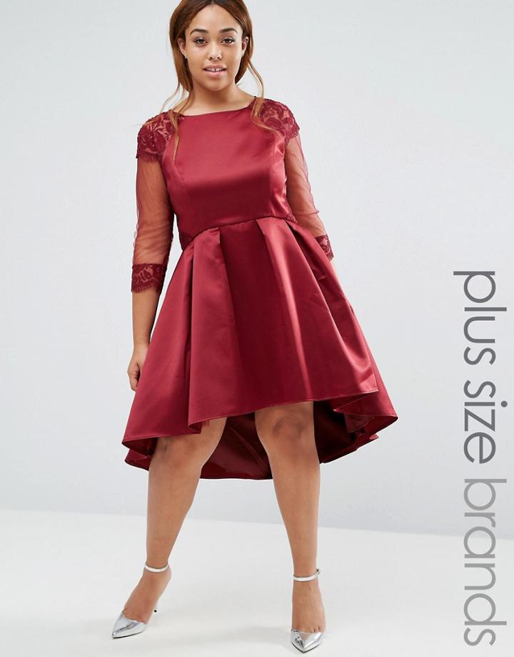 Chi Chi London Plus Dip Hem Prom Dress With Long Sleeves - Red