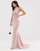 City Goddess Slinky Halterneck Maxi Dress With Embellished Waistband - Pink