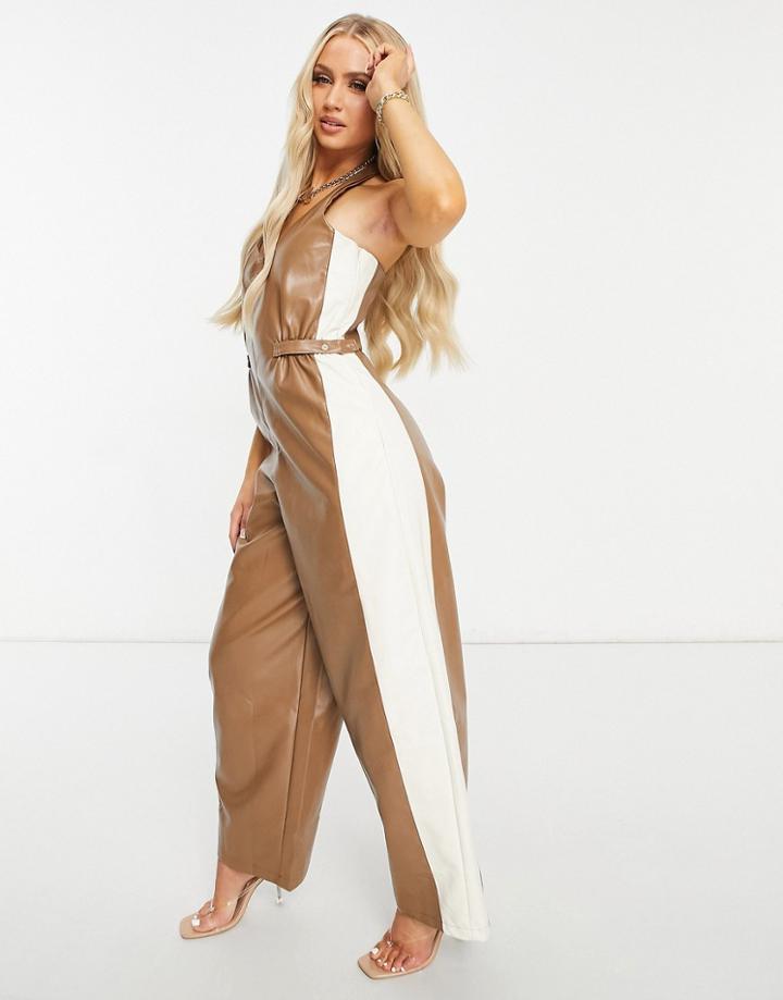 Unique21 Pu Color Block Jumpsuit-brown