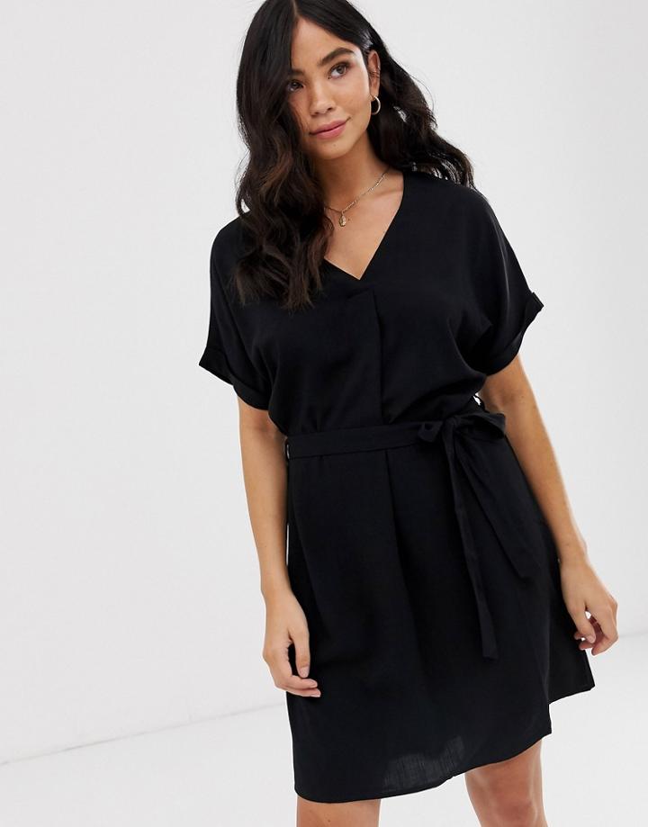 New Look Tie Waist Tunic Dress In Black - Black