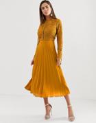 Asos Design Long Sleeve Lace Bodice Midi Dress With Pleated Skirt-orange