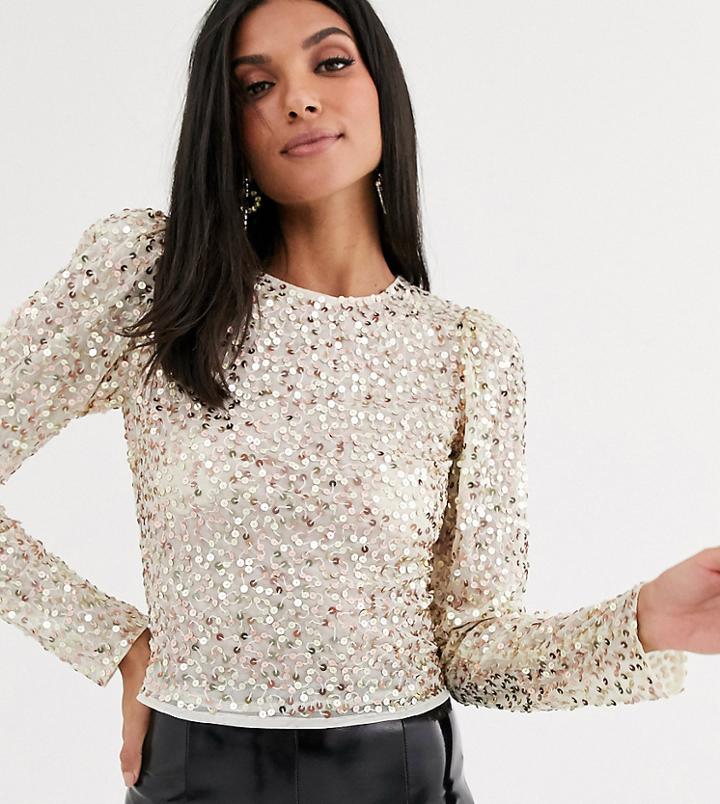 Asos Design Tall Long Sleeve Top With Sequin Embellishment-gold
