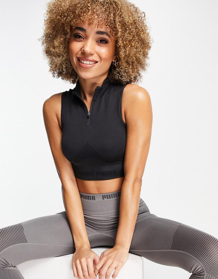 Puma Training Evoknit Seamless Contour 1/4 Zip Crop Tank In Black