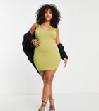 Public Desire Curve Double Layered Slinky Low Back Mini Dress In Palm Green