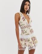 Love Triangle Extreme Plunge Mini Dress With Scallop Lace Inserts In Floral Print-multi