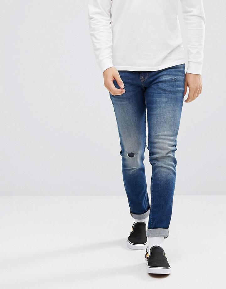 Asos Skinny Jeans In Dark Wash Blue With Abrasions - Blue