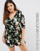 Asos Curve Wrap Front Romper With 3/4 Sleeve In Tropical Floral Print - Print