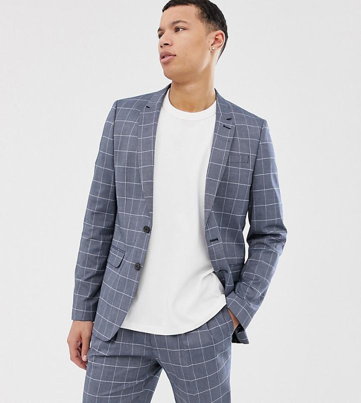 Asos Design Tall Slim Suit Jacket In Linen Blue Check - Blue
