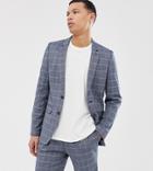 Asos Design Tall Slim Suit Jacket In Linen Blue Check - Blue