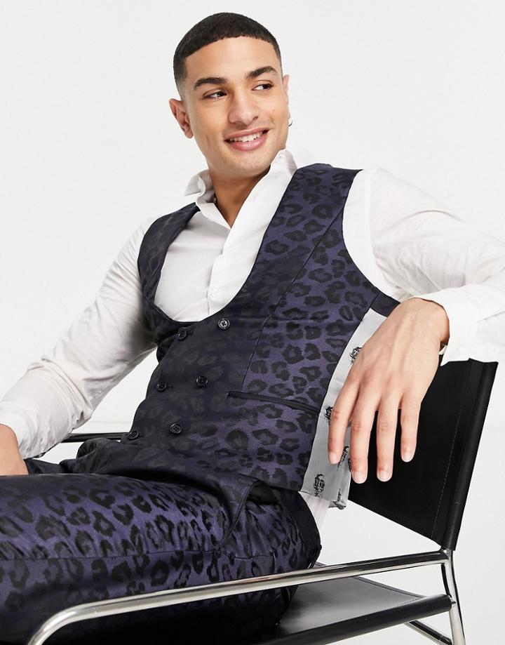 Twisted Tailor Vest In Navy Leopard Jacquard Design
