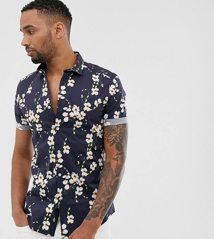 Asos Design Tall Slim Fit Floral Shirt In Navy - Navy