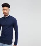 Asos Tall Muscle Fit Pique Long Sleeve T-shirt With Zip Neck And Tipping - Multi