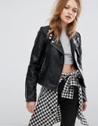 Pull & Bear Leather Look Biker Jacket - Black