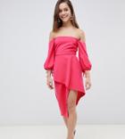 Asos Petite Bardot Midi Dress With Tiered Wrap Skirt-pink