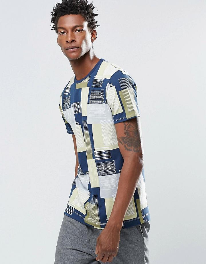 Adpt Crew Neck T-shirt With All Over Square Print - Navy