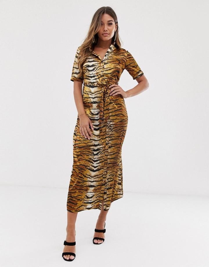 Missguided Midi Shirt Dress In Tiger Print-multi