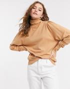 Asos Design Roll Neck Sweater With Open Back In Camel-neutral