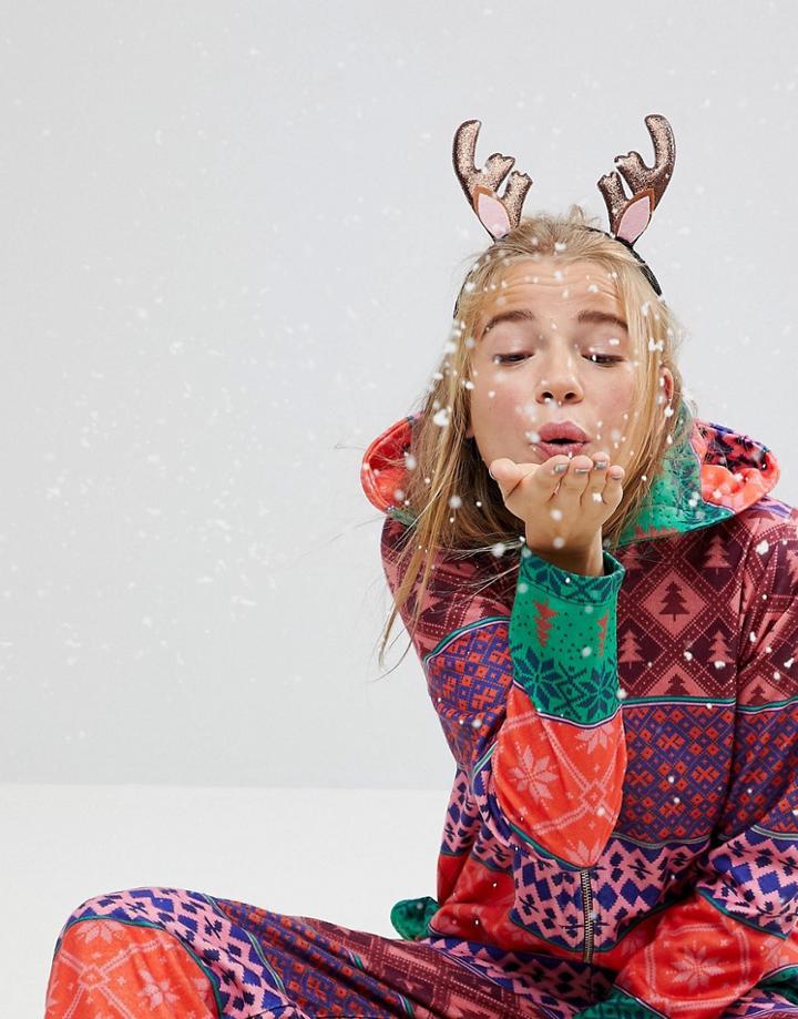 Asos Hooded Fleece Onesie In Fairisle Print - Multi