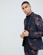 Twisted Tailor Super Skinny Suit Jacket With Carp Print - Navy
