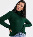 Monki Ribbed Knitted Roll Neck Sweater In Dark Green