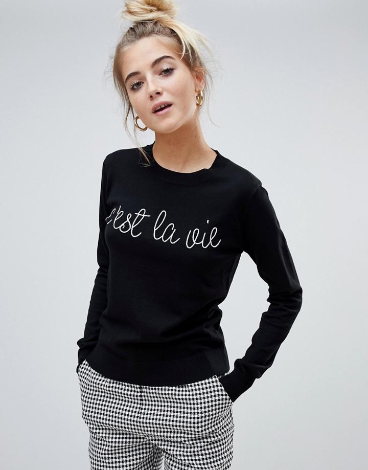 Willow & Paige Fitted Sweater With Embroidered Slogan - Black