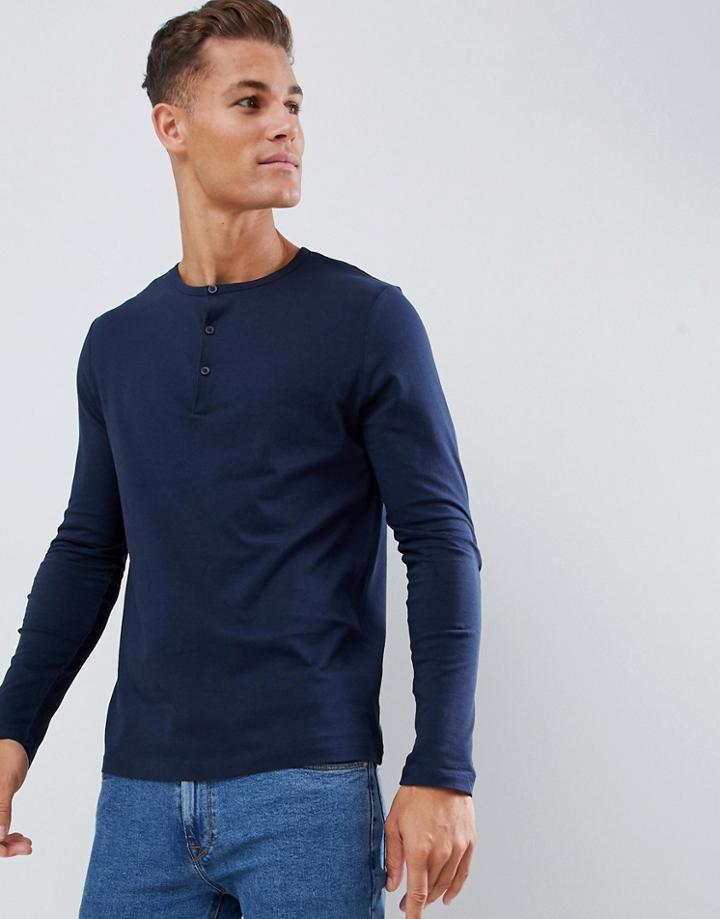 Asos Design Long Sleeve T-shirt With Grandad Neck In Navy - Navy