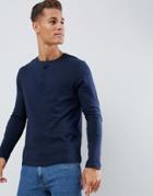 Asos Design Long Sleeve T-shirt With Grandad Neck In Navy - Navy