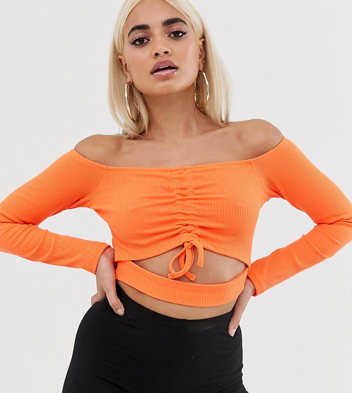 Asos Design Petite Ruched Front Bardot Crop Top In Rib-orange