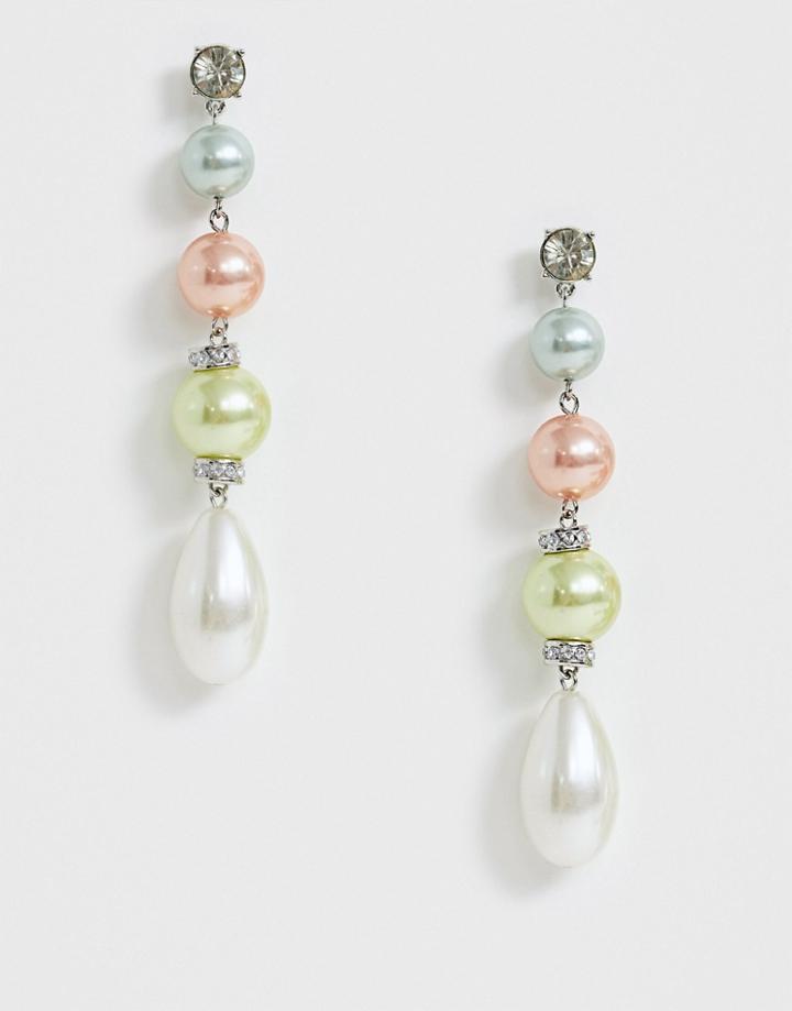 Asos Design Earrings With Pastel Pearl Strand And Crystal Detail In Silver Tone
