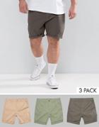 Asos Plus 3 Pack Slim Chino Shorts In Stone Khaki & Light Green - Multi