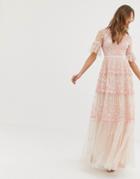 Needle & Thread Embroidered Maxi Dress With Flutter Sleeve In Rose-pink