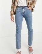 Asos Design Stretch Slim Jeans In 'less Thirsty' Tinted Mid Wash-blues