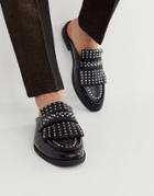 Asos Design Backless Mule Loafer In Black Faux Leather With Fringe And Studding Detail