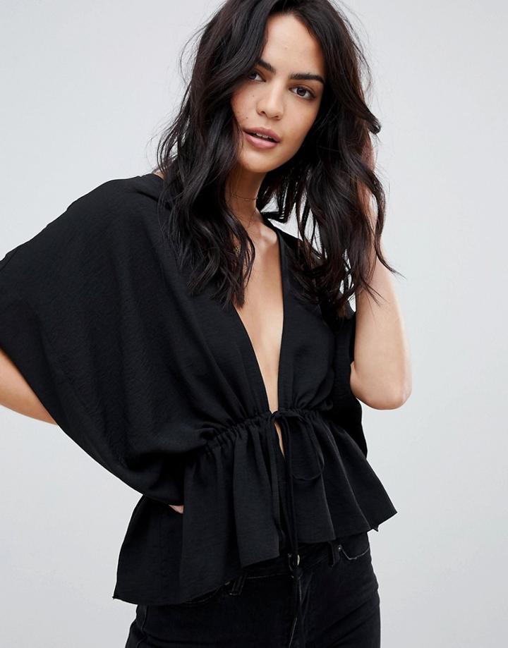 Asos Design Kimono Top With Drawstring - Black