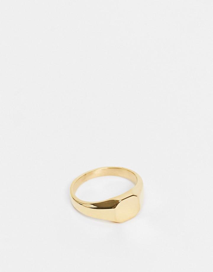 Asos Design Stainless Steel Signet Ring In Shiny Gold Tone