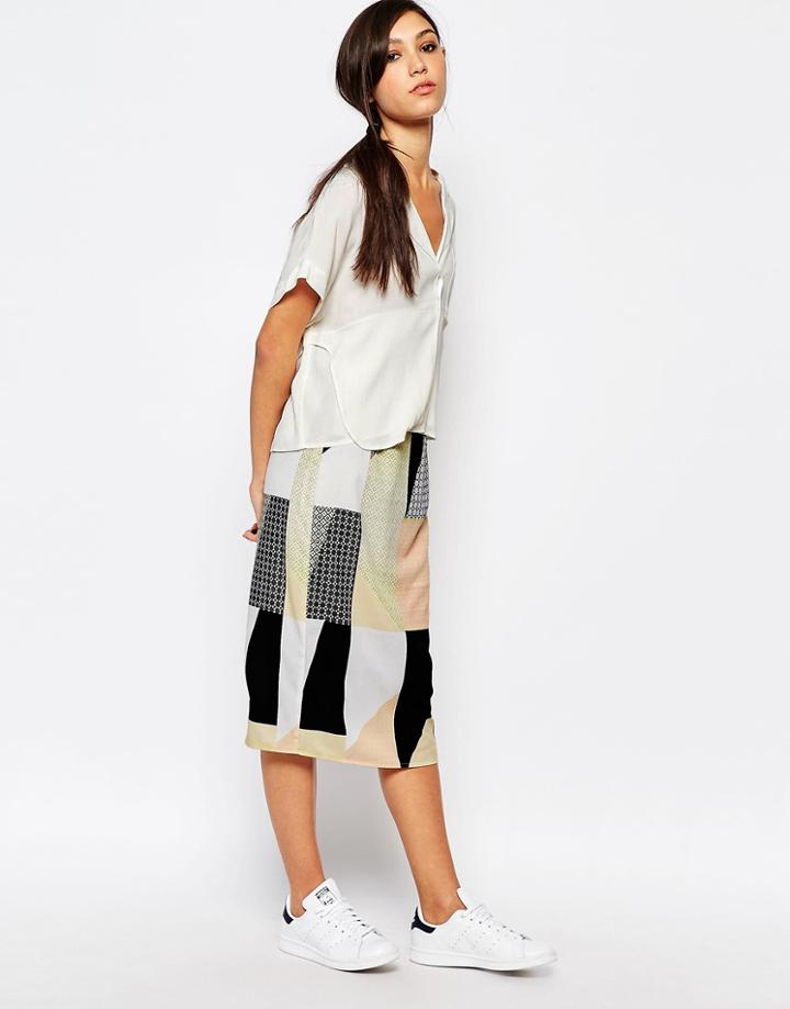 Neon Rose Pencil Skirt In Patchwork Print - Multi