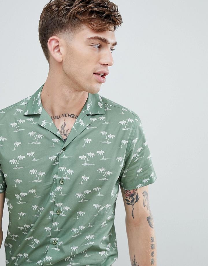 Twisted Tailor Slim Revere Collar Shirt With Green Palm Print - Green