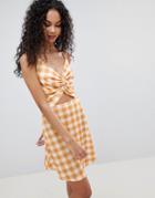 Lasula Check Tie Front Cut Out Dress-yellow