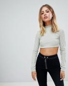 Boohoo Ribbed Long Sleeve High Neck Crop Top - Green