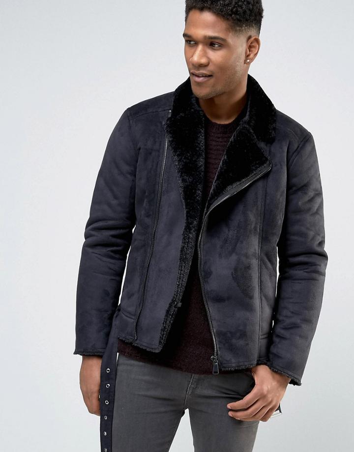 Barneys Faux Shearling Biker Jacket - Black