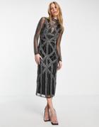 Asos Design High Neck Embellished Midi Dress With Long Sleeves-black