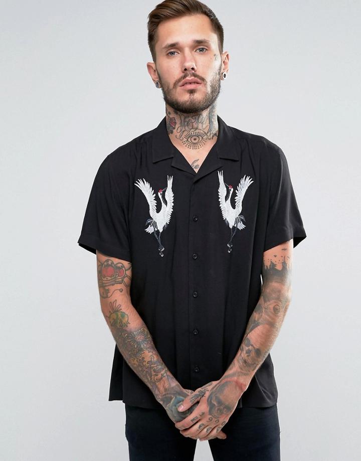 Asos Viscose Shirt With Stork Embroidery And Revere Collar In Regular Fit - Black